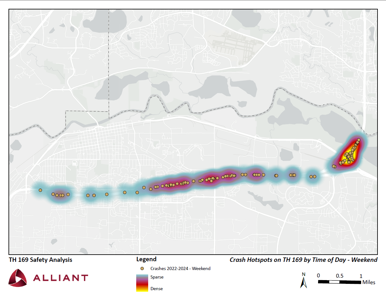 Weekend: This image shows a heat map of crashes on a weekend day.