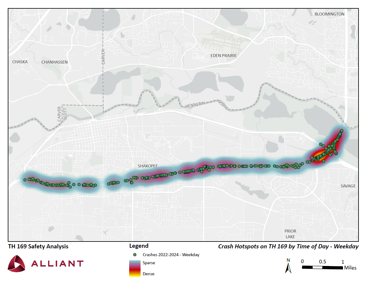 Weekday : This image shows a heat map of crashes on a weekday.