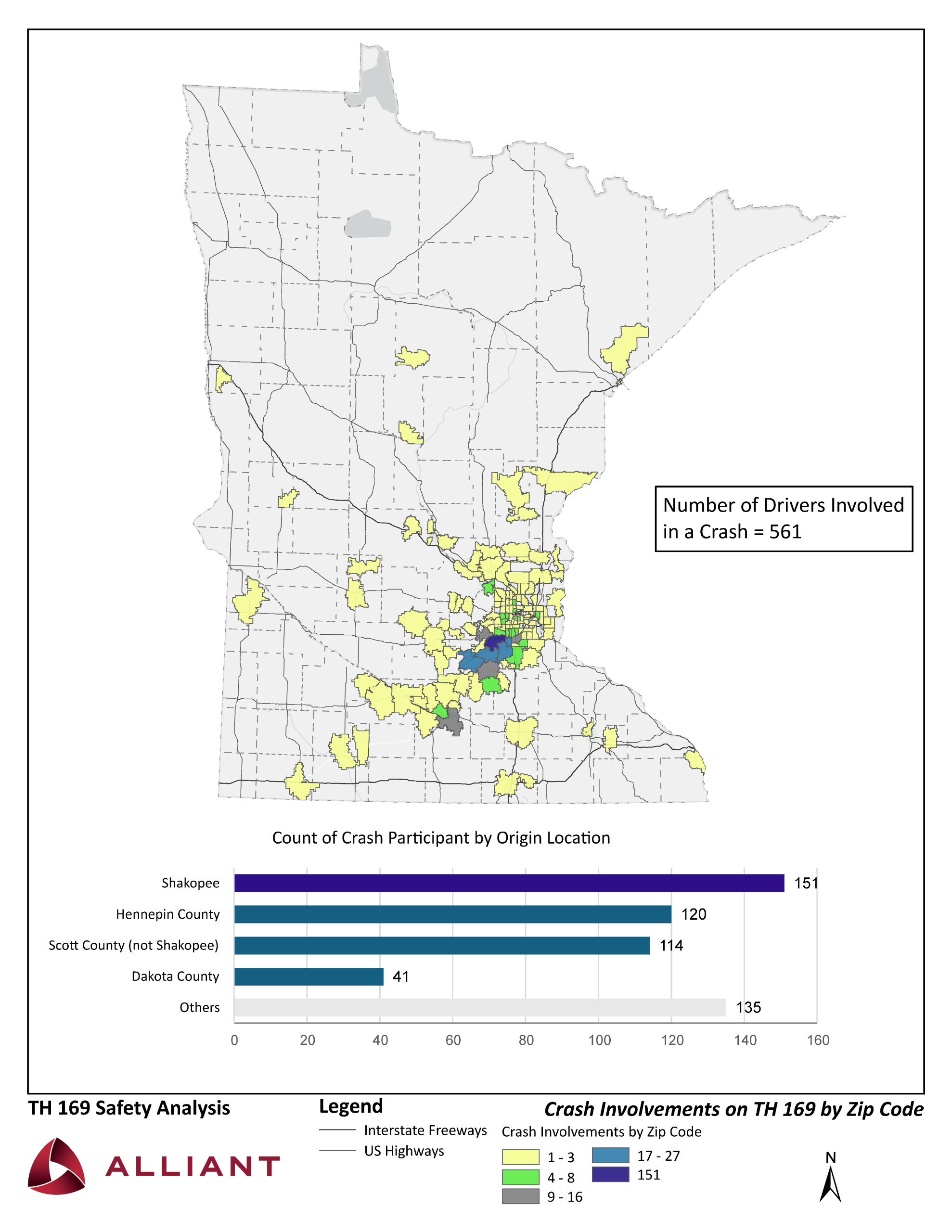Map of zip codes from crashes along Hwy 169