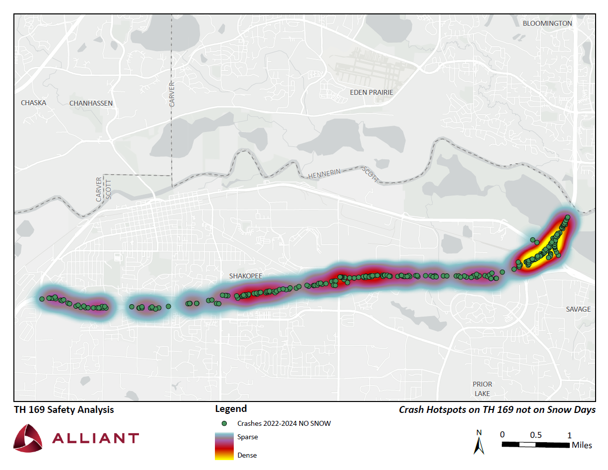 No Snow: This image shows a heat map of crashes when snow is not present