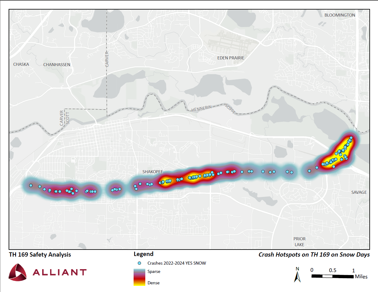 Snow: This image shows a heat map of crashes when snow is present